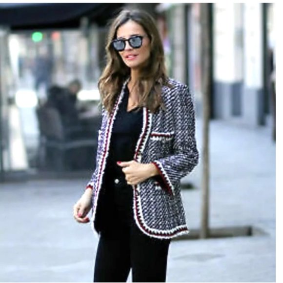 NWOT Zara Woman Black White Red boucle Tweed Jacket Blazer M - Picture 2 of 10